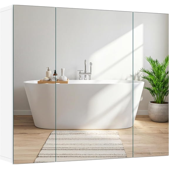 Bathroom Mirror Cabinet with 3 Doors, Wall Mounted Medicine Cabinet with Adjustable Shelf, Storage Cupboard for Living Room, Laundry Room, Mudroom, White