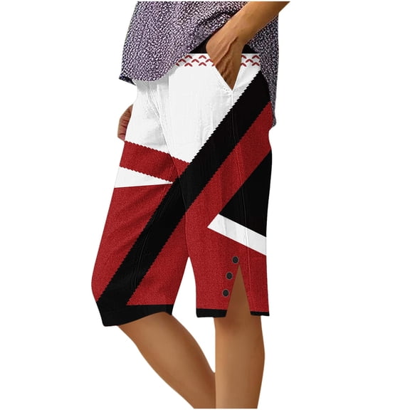 Ruimatai Women's High Waisted Printed Capri Pants Elastic Waist Side Slit Button Detail Cropped Pants with Pockets for Summer Daily Wear