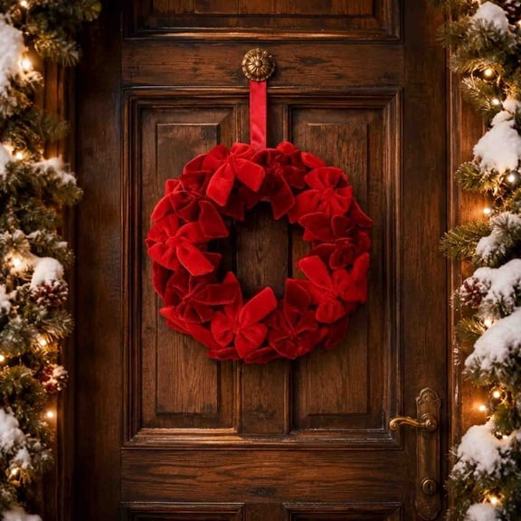 ShaoXinWan Velvet Bow Christmas Wreath with Hanging Ribbon, 2 Sizes Red Green Luxury Winter Front Door Garland, Soft Flocked Bow Wreath for Wall Mantel Xmas Decor
