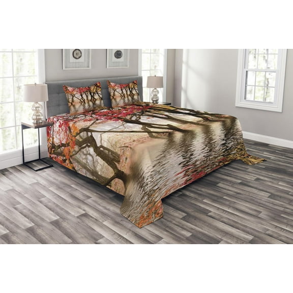 Ambesonne Autumn Quilted Bedspread Set 3 Pcs, Fall Season River with Trees, King Size, Brown and Magenta