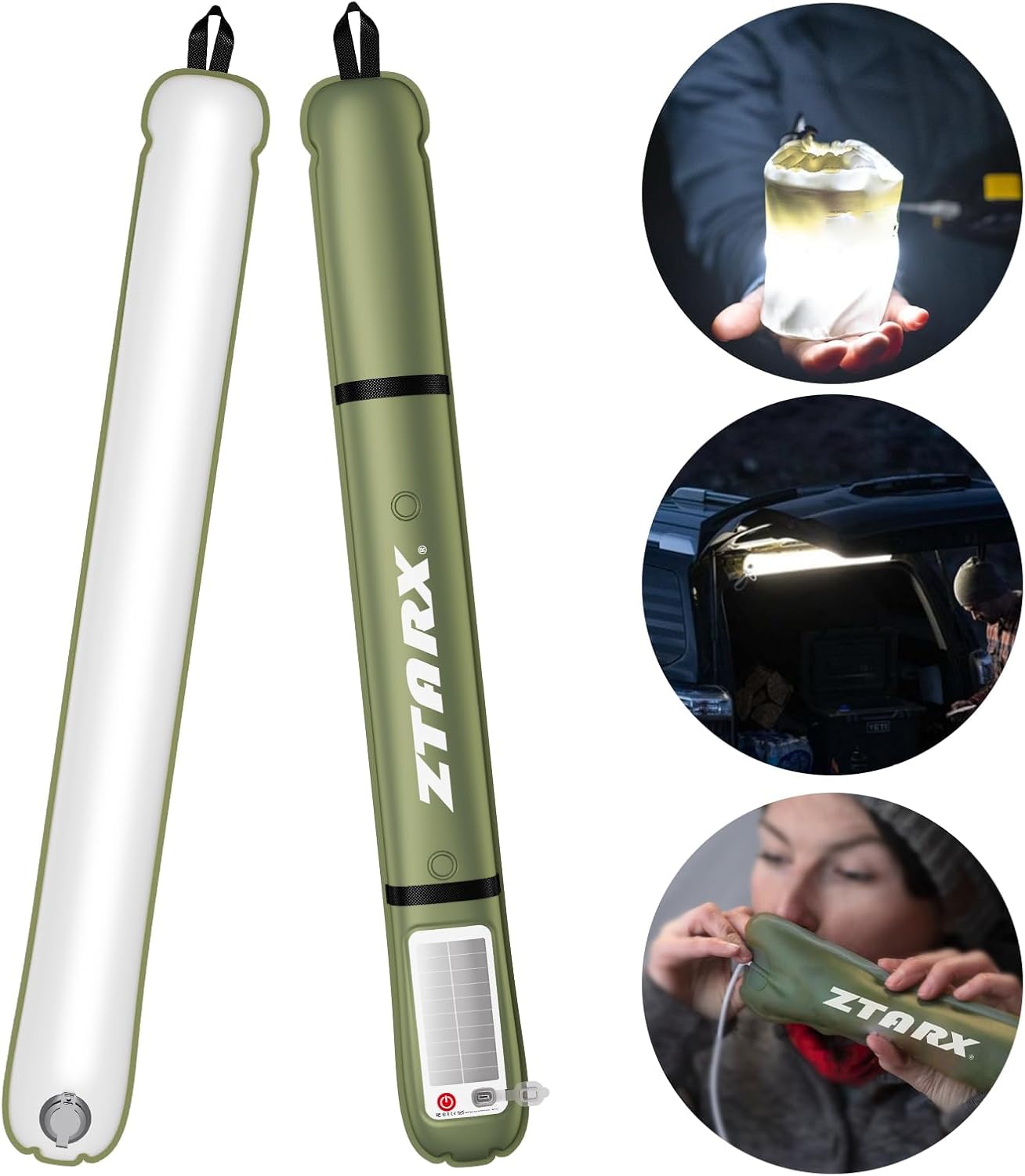 Rechargeable Camping Light Bar IP66 Waterproof LED Tube Foldable Inflatable Outdoor Tent Light for Hiking Traveling Party Green 2 PCS