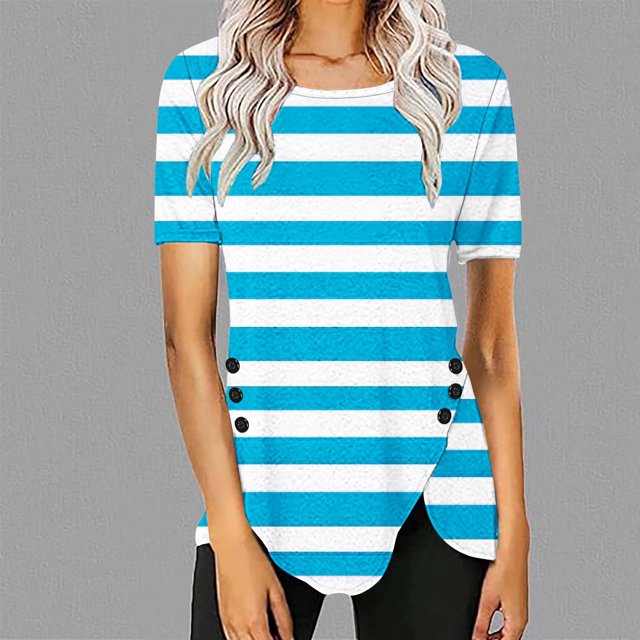 Fiudx Ofertas Flash Del Día Blusa Casual de Manga Corta con Estampado de Botones para Mujer, Blusa/Camisa de Cuello Redondo de Manga Corta