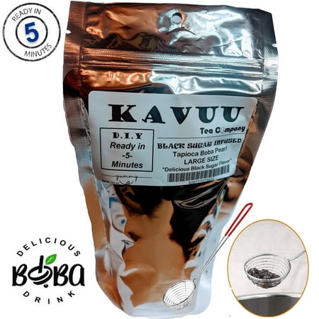 

Kavuu Tea Co. Gourmet Black Boba Tapioca Pearls - Gluten Free for Bubble Milk – Mouth Watering Black Sugar Flavor - Ready in 5 Min. – Plus Boba Wire Skimmer Strainer Scoop - 8.8 oz (1 bag + 1 scoop)