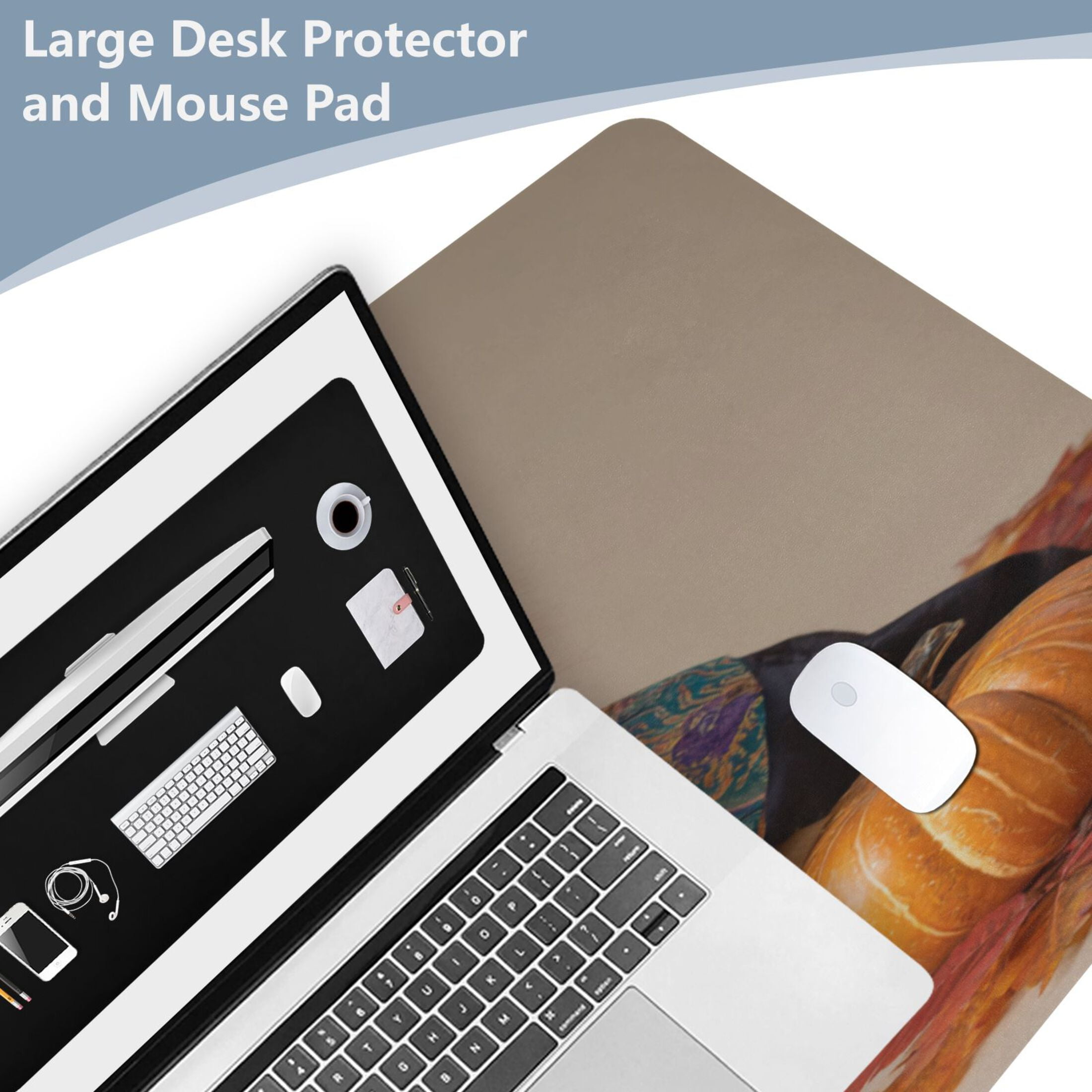 Leather Keyboard and Mouse Desk Mat Office Desk Accessories Protective Office Desk Decor Desk Pad Mat for Gaming, Work from Home, Office Cute Pomeranian Dog and Pumpkins 16.5" x 35.4"