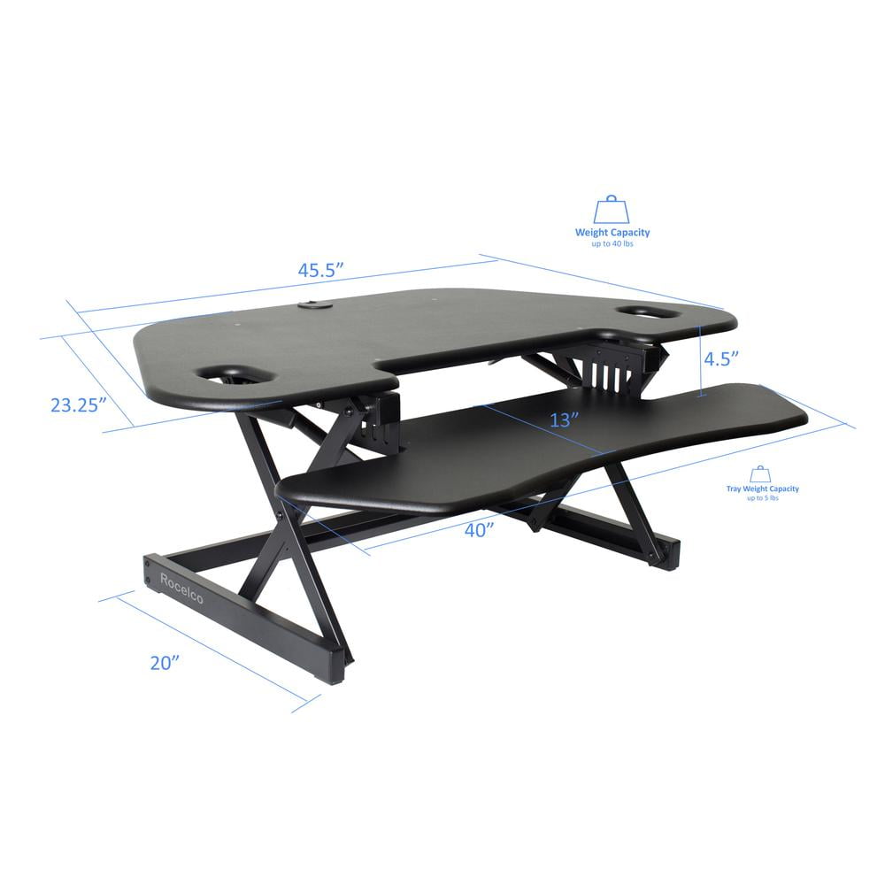 Rocelco 46" Height Adjustable Corner Standing Desk Converter with Dual Monitor Arm BUNDLE | Quick Sit Stand Up Computer Workstation Riser | Extra Large Keyboard Tray | Black (R CADRB-46-DM2)
