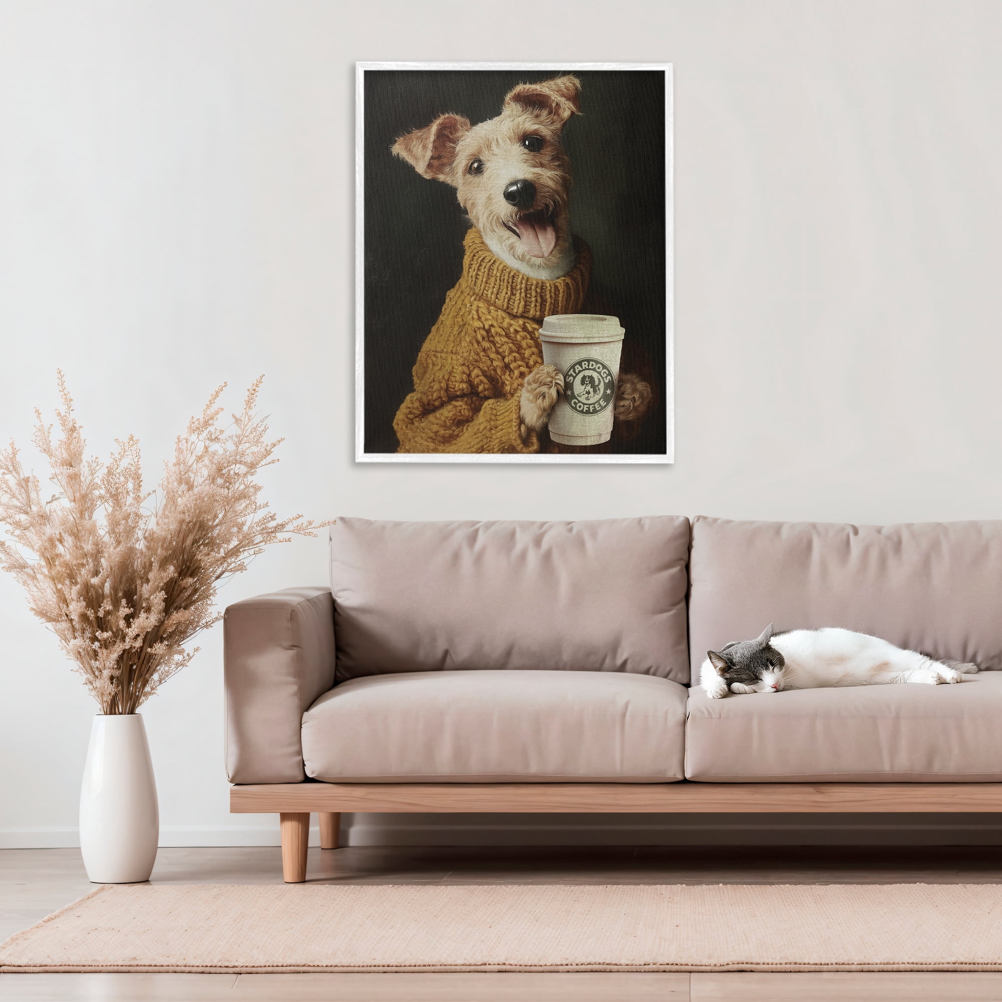 Stupell Industries Latte Lover Dog in Sweater White Framed Giclee Art, design by Svetlana Aleynikova