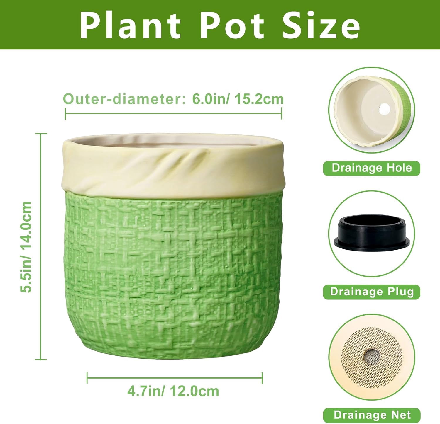 Ceramic Plant Pots - 6 Inch Plant Pot with Drainage Hole,  Planters for Indoor Succulent Plants, Decorative Round Unique Flower Pots, Garden Home Office Decor, Housewarming Gifts, Green