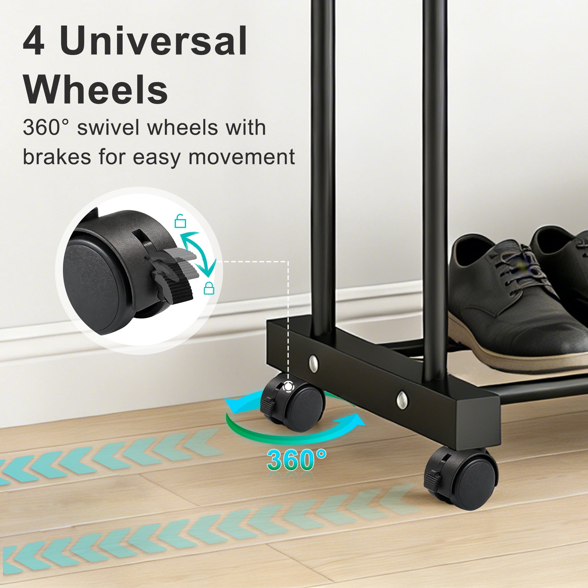 GARITIN Clothes Rack, Garment Rack, Rolling Heavy Duty Double Rod Clothing Rack with Wheels, Portable Closet Rack for Hanging Clothes for Bedroom, Laundry, Entryway, Black