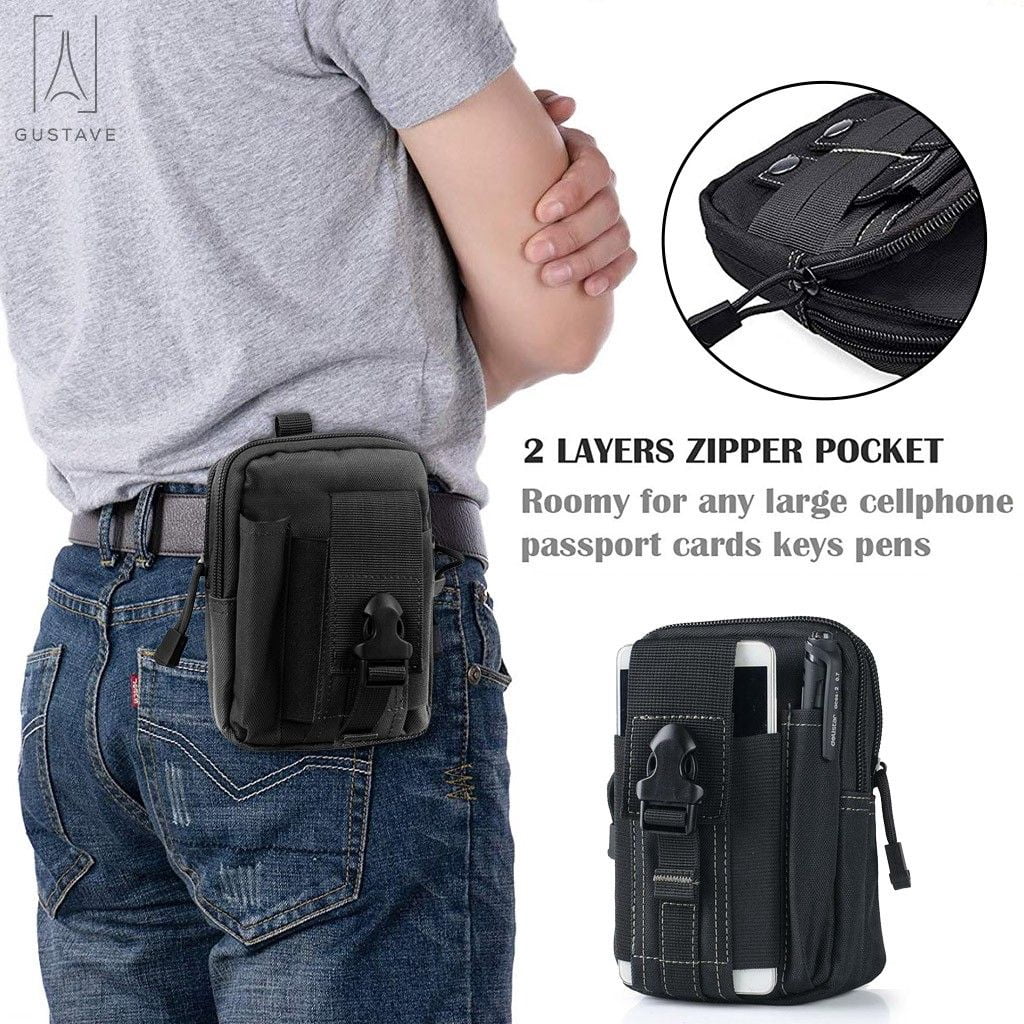 Männer Bauchtasche – 3-lagig, 2 Reißverschlussfächer, Handyhalter, Aus Canvas & PU-Leder, Schwarz (horizontal)