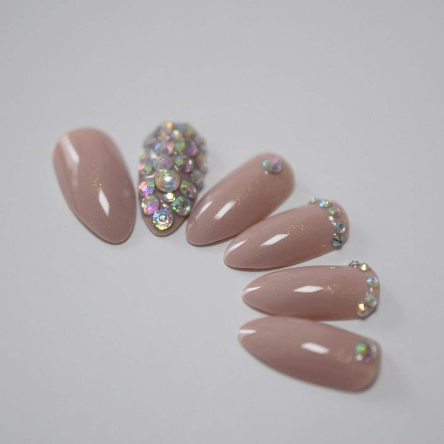 Nude 3D Crystal Press On Nails, Long Round Stiletto Acrylic Tips Rhinestones Design False Nails Set