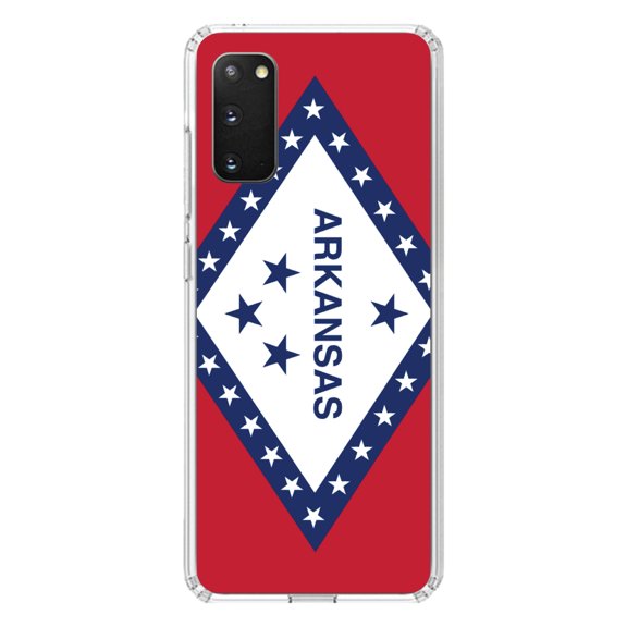 DistinctInk Clear Shockproof Hybrid Case for Galaxy S20 / S20 5G (6.2" Screen) - TPU Bumper, Acrylic Back, Tempered Glass Screen Protector - Arkansas State Flag - US State Flag
