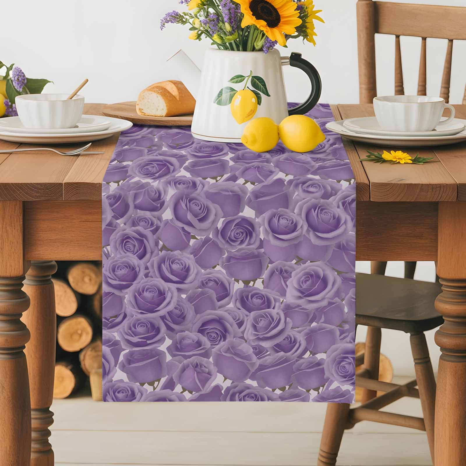 Purple Rose Table Runner, Valentine's Day Washable Cotton-linen Table Runners Dining Kitchen Decoration for Everyday Home Wedding Party Decor, 13 x 120 Inch