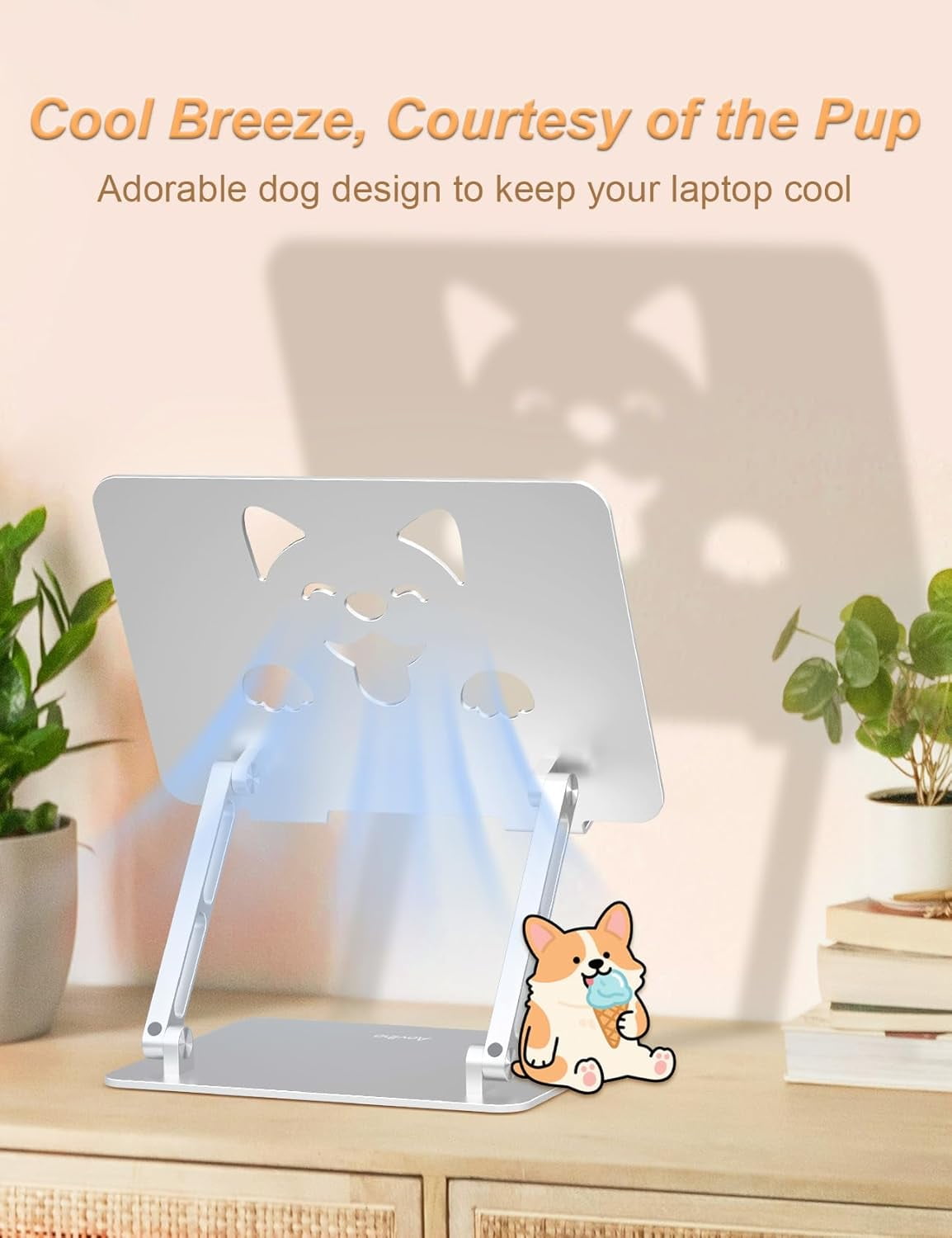 Laptop Stand for Desk-Adjustable, Foldable, Portable, Ergonomic Aluminum Notebook Riser with Unique Puppy Cooling Vent, Desk Gift for 10"-17.3" Devices Mac, Dell, HP, Lenovo, Samsung, Silver