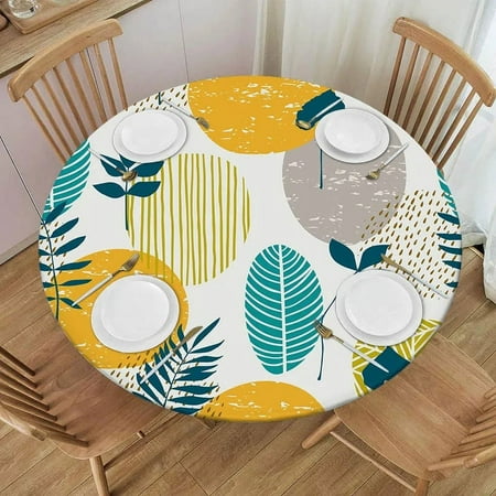 

Classic Leaves Print Tableclothes Waterproof Wipeable for Round Table Fitted Elastic Edge Cover Table Wedding Party chen