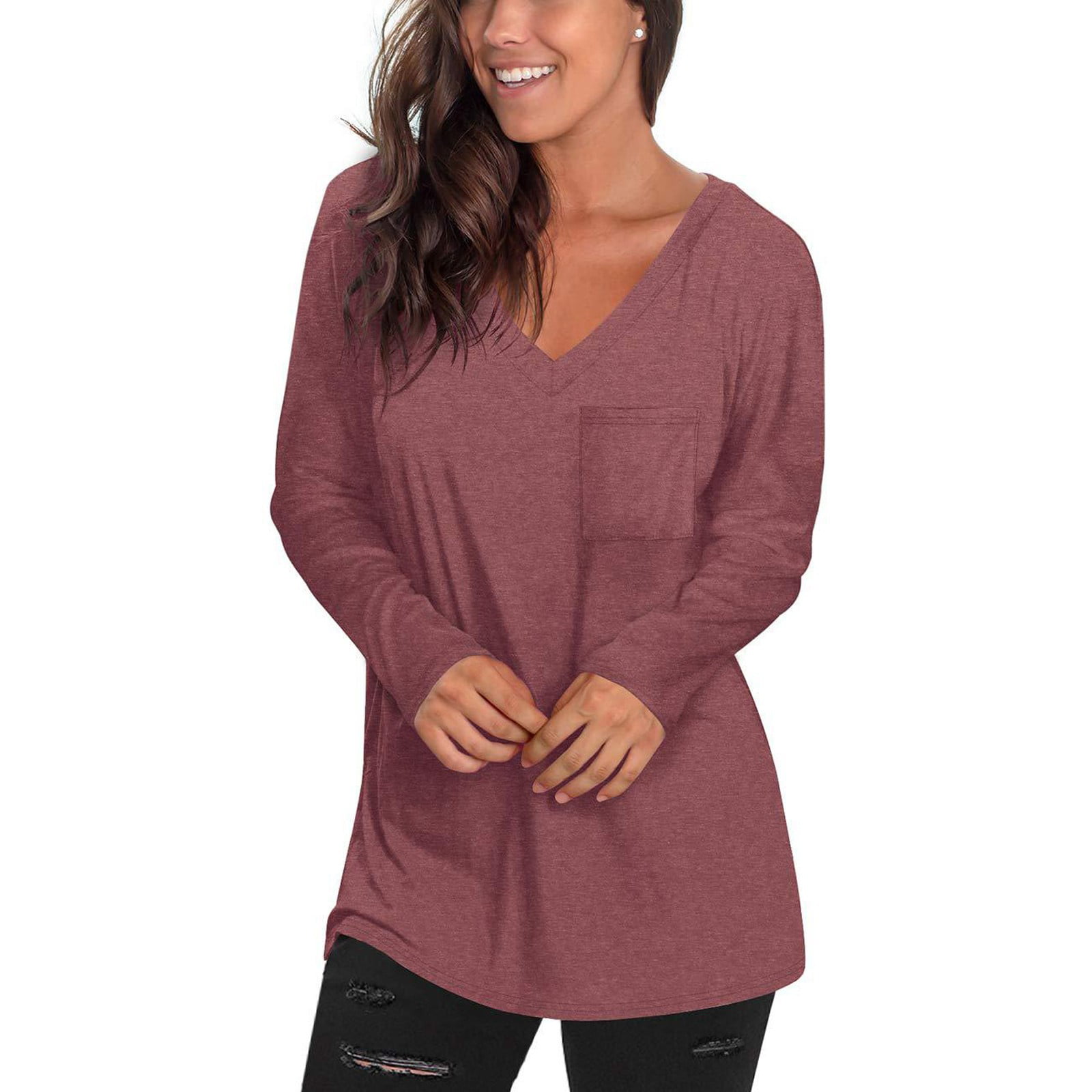 Womens Casual Long Sleeve V Neck Pockets Pure Color T Shirts Blouses Tunic  Tops Trendy Fall Clothes Shirt Blouse Sweatshirt - Walmart.com