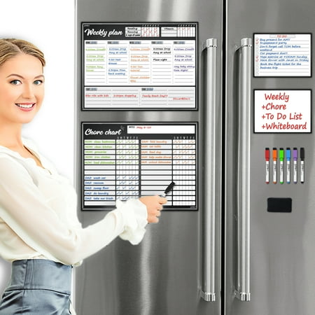 Large Magnetic Dry Erase Whiteboard Planner Set for Fridge - Weekly Calendar, Chore Chart, and Bonus Notes/to Do/Grocery, 6 Magetnic Dry Erase Markers Included.