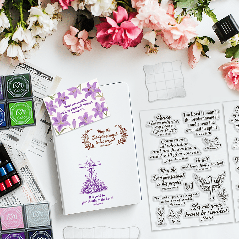 3Pcs 3 Styles Bible Theme Acrylic Stamping Blocks Tools 6Pcs PVC Plastic Stamps 20 Colors Plastic Craft Finger Ink Pad Stamps Set Mixed Shapes