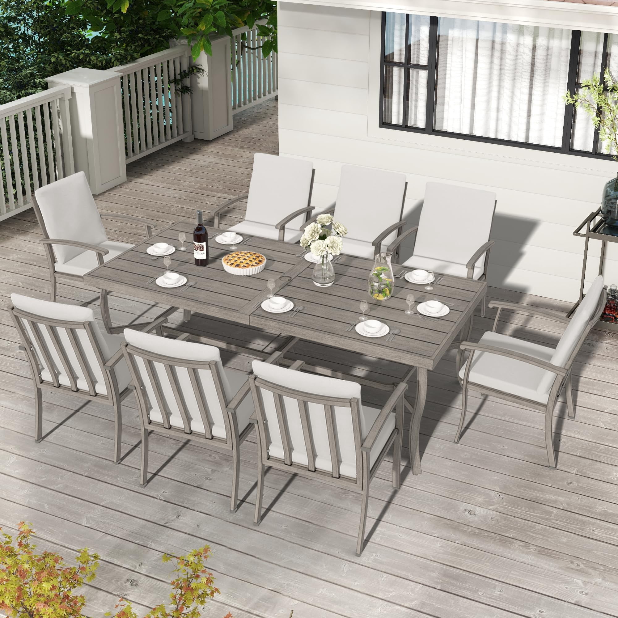 Outdoor Dining Table for 8, 84 Inch Aluminum Patio Table with Umbrella Hole, All Weather Rectangle Outdoor Table for Backyard Garden Poolside, Grey