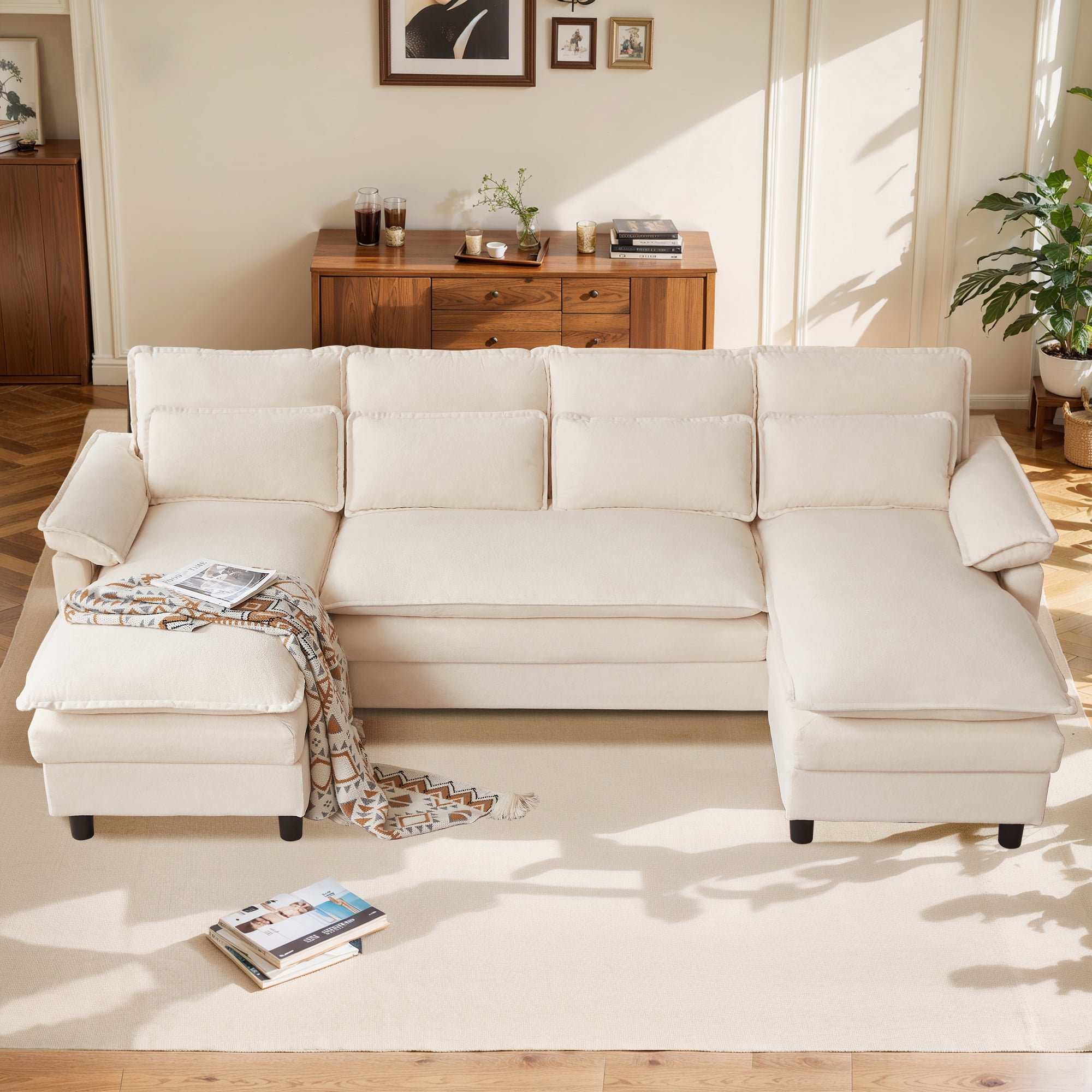 Pingliang Home Oversized U Shaped Couch,4 Seat Sectional Sofa with 4 Pillows,Upholstered Symmetrical Cloud Couch with Double Chaise,Wrap Around Sofa Modular sofa for Living Room Apartment Office