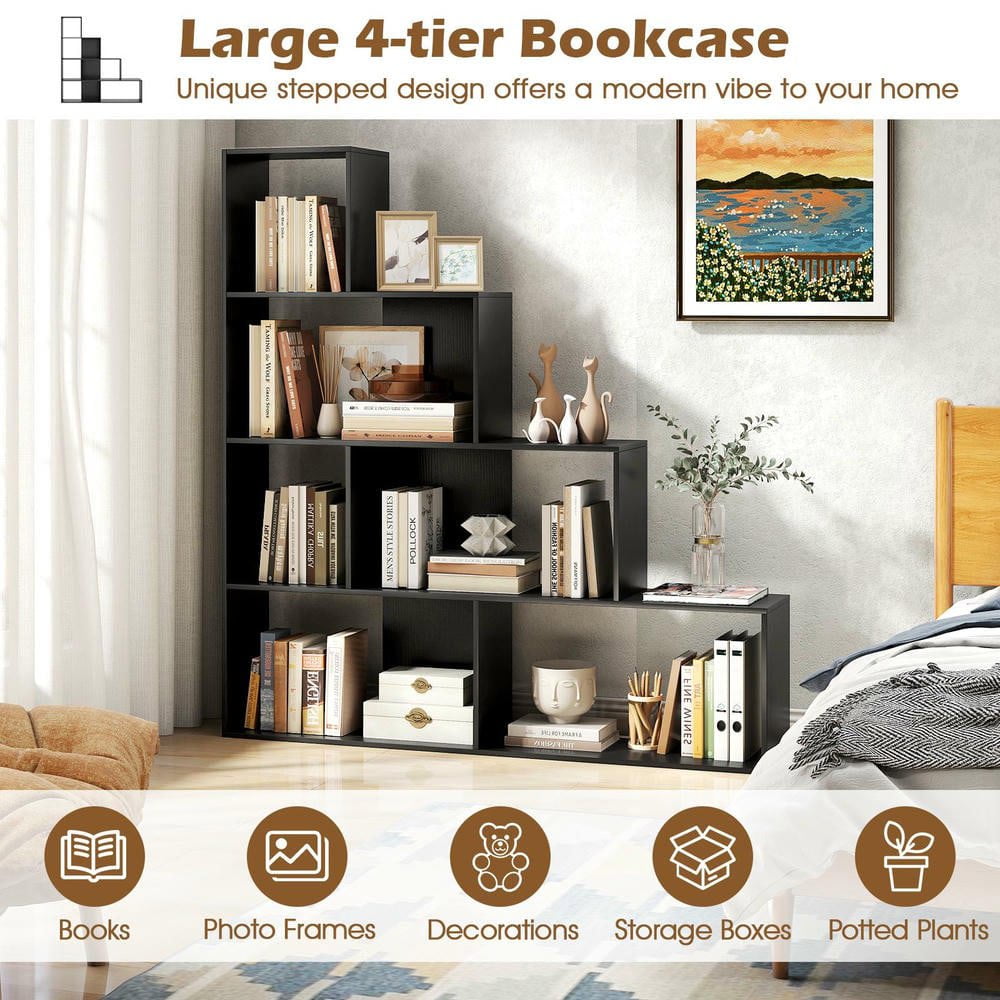 Resenkos 4-Tier Modern Stepped Bookshelf - 6 Storage Cubes, Perfect for Living Room, Black