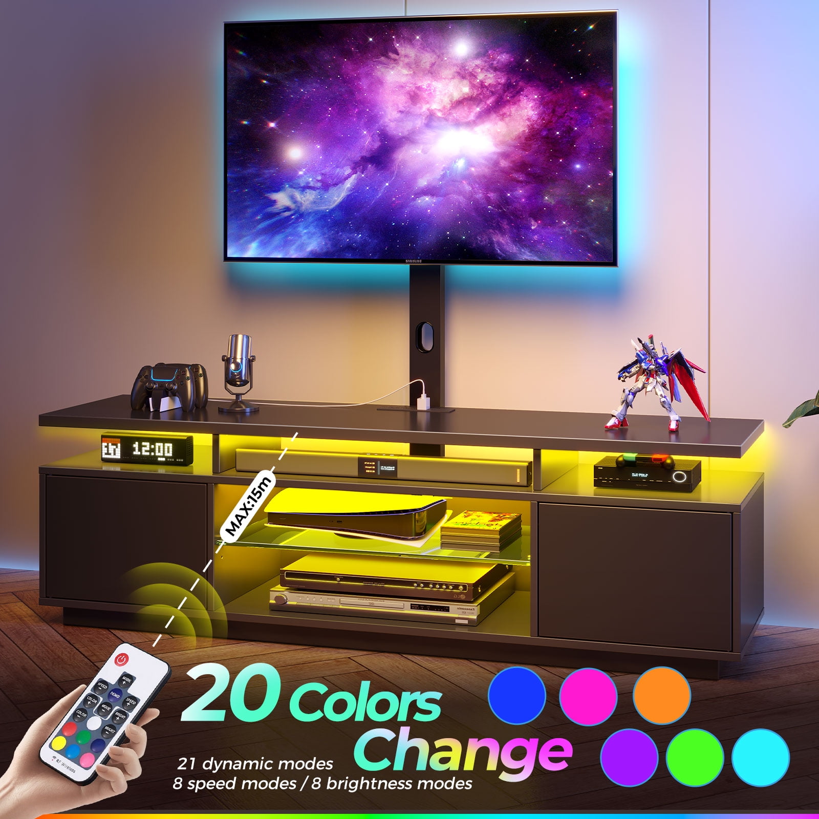 Greenstell TV Stand and Mount for 32" to 70", TV Table with Power Outlet, Gaming Modern Entertainment Center with Storage, LED Light, Height Adjustable, 59", Black