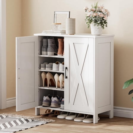 Farmhouse Shoe Cabinet with 2 Barn Doors &  , 5-Tier Shoe Storage Cabinet with 3 Adjustable Shelves, Tall Shoe Rack Organizer for Closet, Shoe Organizer for Entryway, Hallway, White