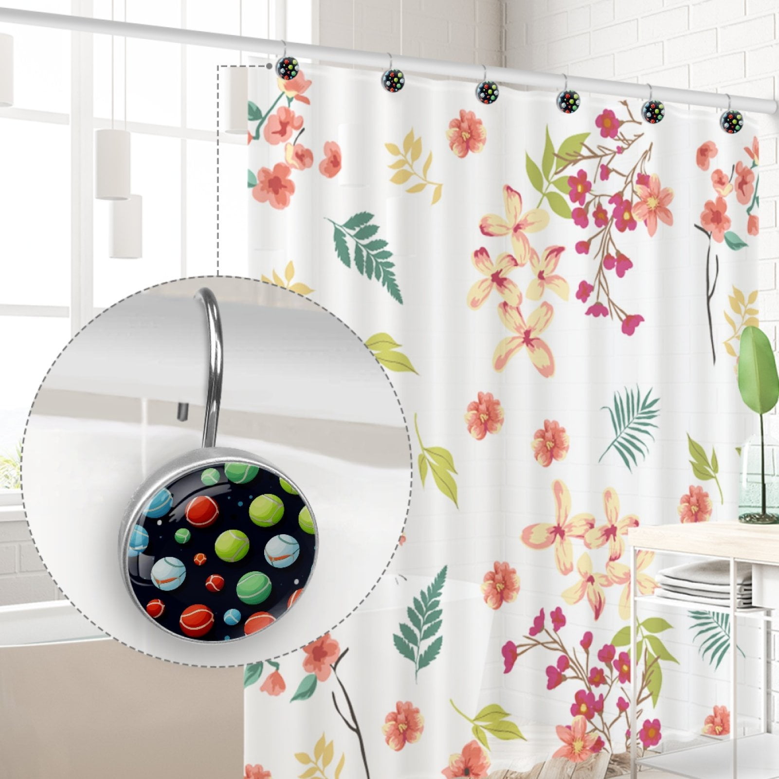 HemaKayy 12 Pcs Decorative Shower Curtain Hooks - Stainless Steel Rings for Bathroom Décor - Easy Glide & Secure Hold - Perfect Decoration for Bathroom Shower Rods - Tennis Balls