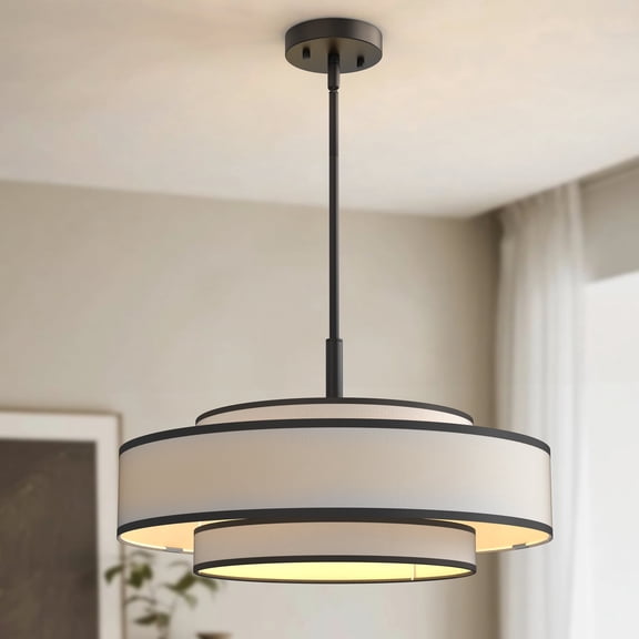 YANSUN 5-Light Black Modern Farmhouse Drum Chandelier with White Linen Shade, Warm Pendant Light for Dining Room Living Room Bedroom Ceilings, E12 Bulbs