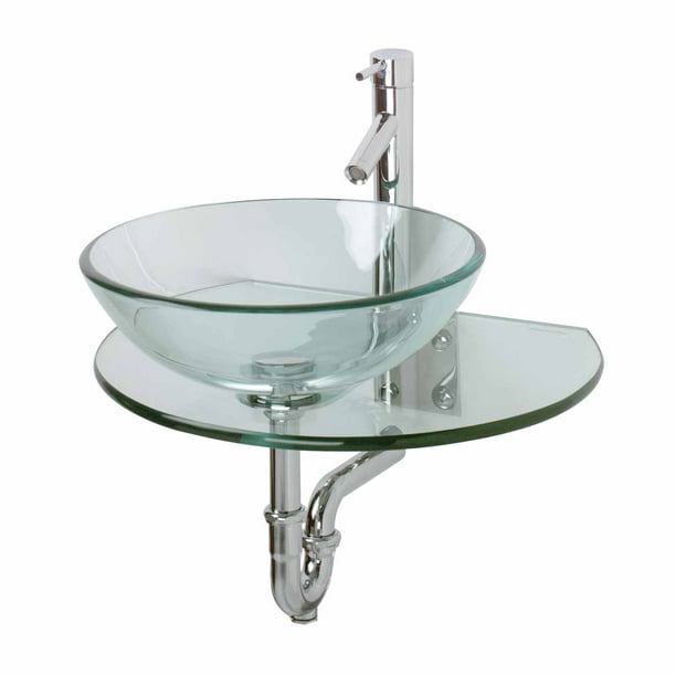 Corona Glass Wall Mount Console Sink Round Easy Install Hung Bathroom Vessel 27 7 8 Crystal Clear Tempered With Chrome Faucet And Pop Up Drain Combo Renovators Supply - Installing Wall Mounted Bathroom Sink