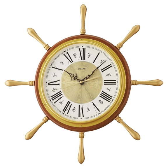 Seiko 19 Inch Rei Nautical Ship Wheel Wall Clock, Roman Numerals Quartz Analog Battery QXA785BLH