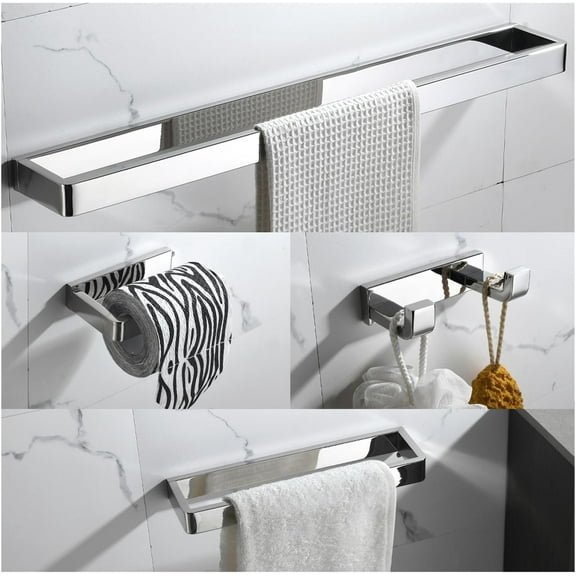 4-Piece Bathroom Hardware Accessories Set Polished Chrome Towel Bar Set Square Towel Holder Kit Stainless Steel Wall Mounted