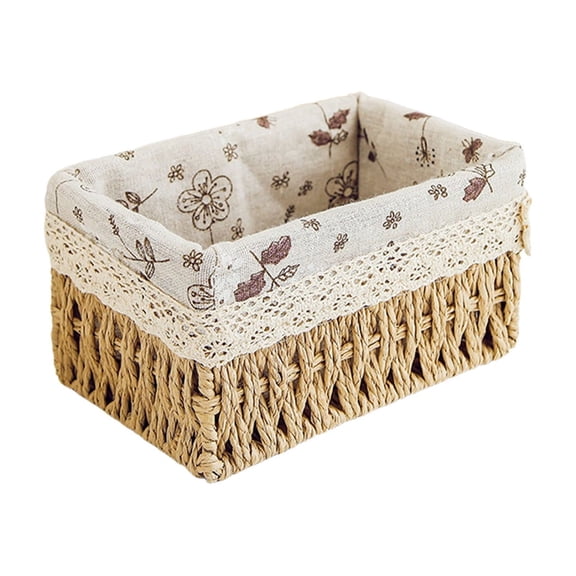 18x12x10cm Rectangular Woven Storage Basket With Liner, Decorative Rattan Organizer Bin, Multi-Purpose Basket For Cosmetics, Toys & Sundries In Bathroom, Bedroom, Kitchen, Office-(S)