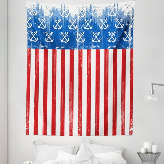 USA Tapestry, Patriotic Grunge Flag Design with Stripes and Marine Crossed Anchors, Fabric Wall Hanging Decor for Bedroom Living Room Dorm, 5 Sizes, Vermilion Cobalt Blue, by Ambesonne
