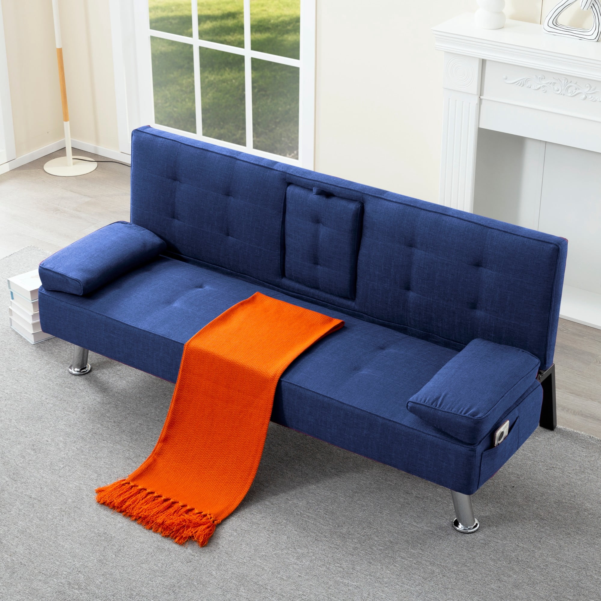 BSHTI 69.49" Fabric Convertible Futon Sofa Bed with Drop-Down Console, 2 Cup Holders, 5-Position Backrest, Side Pocket for Living Room（Navy Blue）