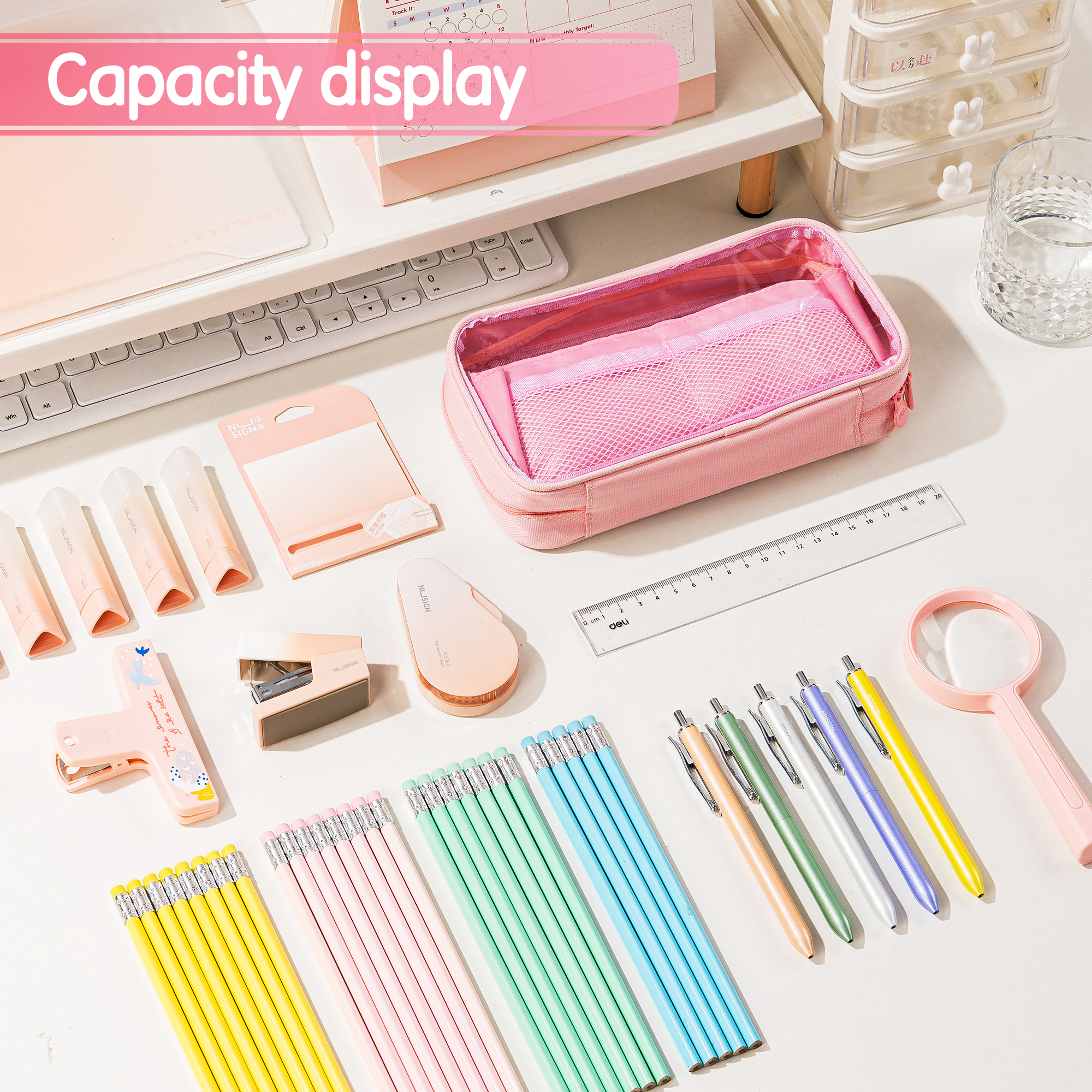 Deli Estuche para lápices para niños, gran capacidad, plegable, con 4 compartimentos, organizador de útiles escolares para estudiantes, adolescentes y oficina, rosa 4