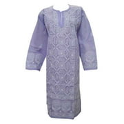 Mogul Womens Tunic Dress  Purple Lucknowi Chikan Embroidered Cotton Caftan Yoga Wear