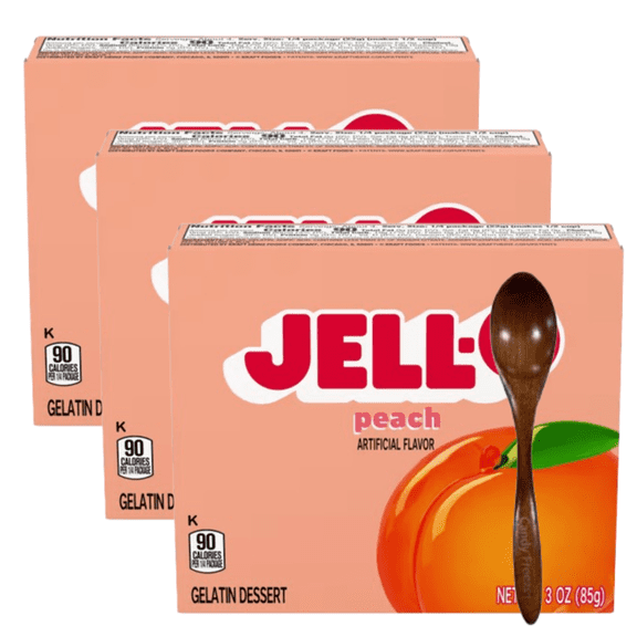 Candy Freezer Jεll-0 Gelatin Dessert Mix, 3 oz Box (Pack of 3) with Wooden Spoon (Peach Flavor) - Wooden Spoon