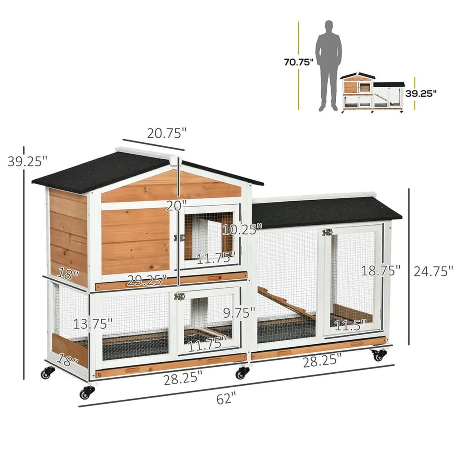 Kadyn 62" 2-tier Wooden Rabbit Hutch with Wheels and Slide-out Tray, Outdoor Small Animal Habitat Chicken Coop Bunny Cage for Bunnies, Guinea Pigs, Orange