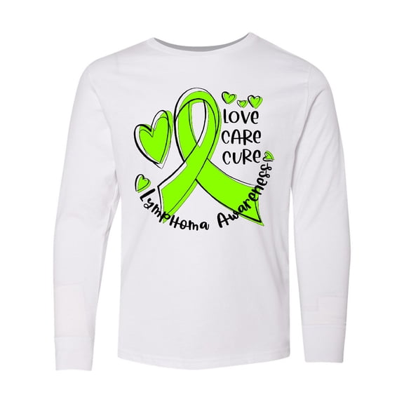 Inktastic Love, Care, Cure Lymphoma Awareness Lime Green Ribbon Hearts Long Sleeve Youth T-Shirt