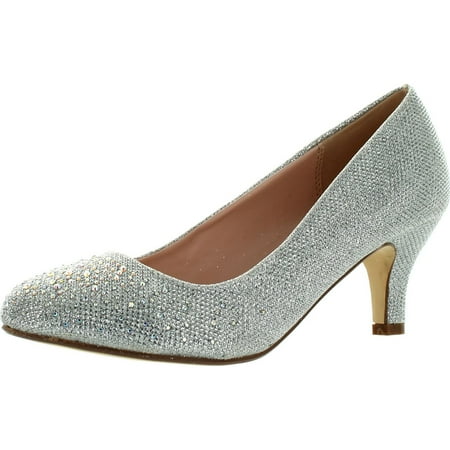 

BONNIBEL WONDA-1 Womens Round Toe Low Heel Glitter Slip On Dress Pumps Silver 5.5