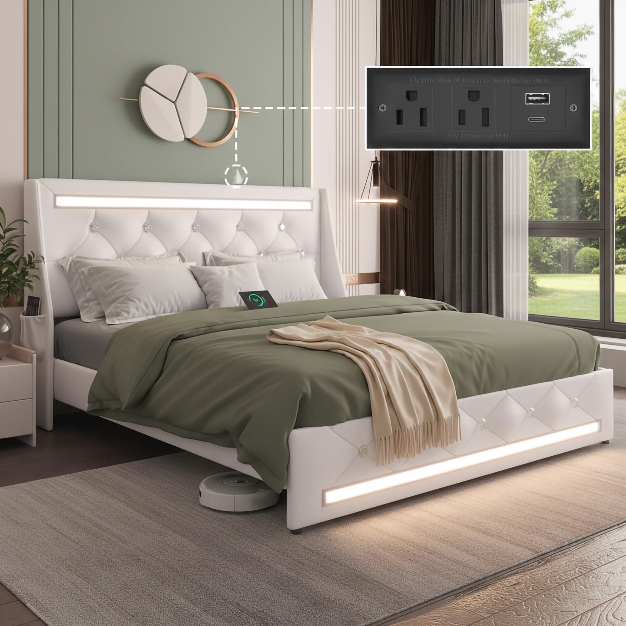 Gewnee Queen Size Faux Leather Platform Bed Frame, Diamond Tufted Wingback Headboard, LED Lights, 4‑in‑1 Charging Station, Side Pockets, Noise‑Free, No Box Spring Needed, White