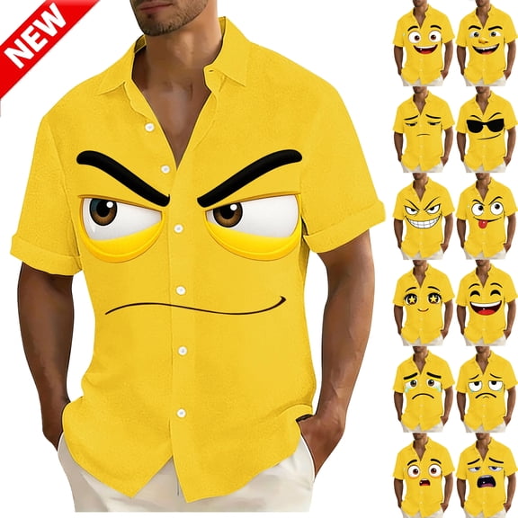Tqyyweavej Funny Face Hawaiian Shirt for Men Oversized Botton Down V-neck Beach Summer T-Shirts Folded Hem Short Sleeve Loose Tops, Yellow