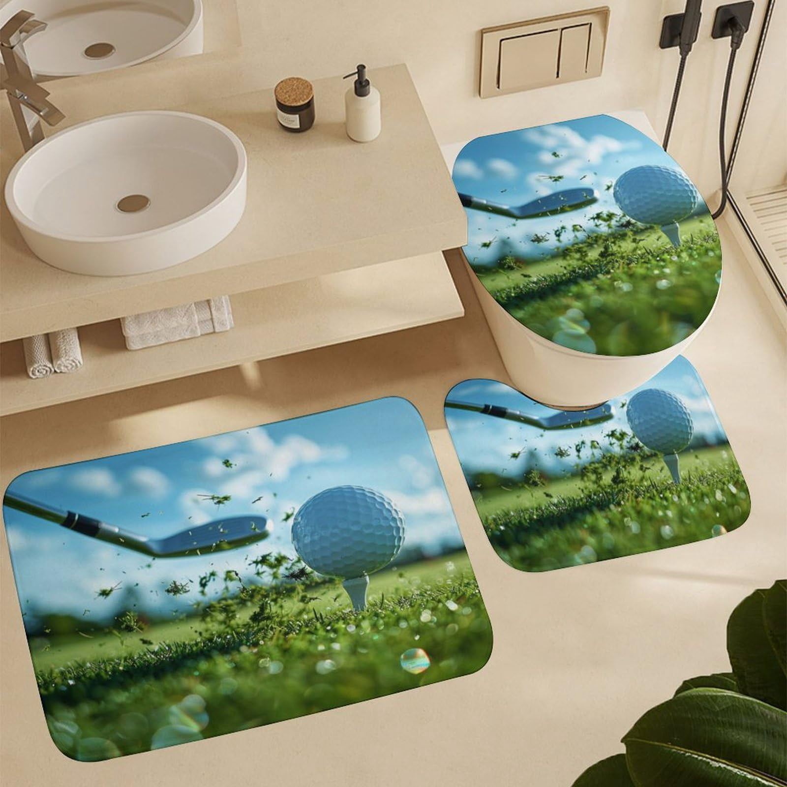 4Pcs Funny Golf Sport Shower Curtain Sets, Bathroom Decor Set with Rugs, Bath Mat Woodland Grassland Golf Ball Shower Curtain, 72 X 72 Inch