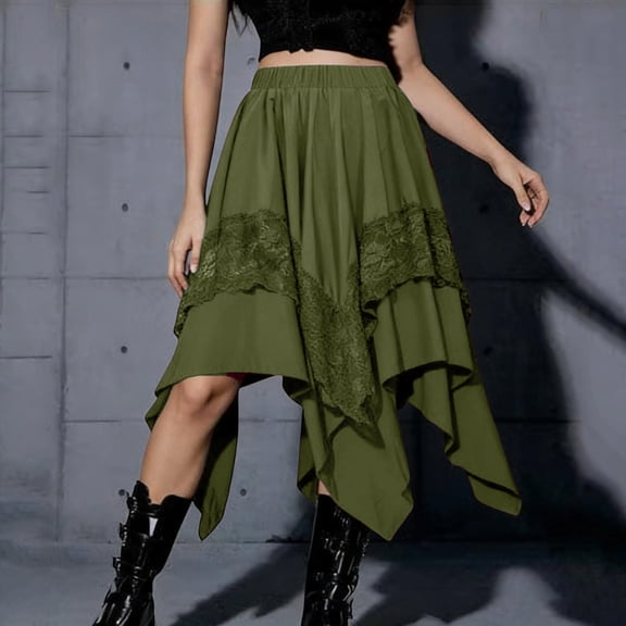 Karight Women's High Waisted Asymmetrical Hem Skirt with Lace Trim Gothic Steampunk Ruffle Midi Skirt