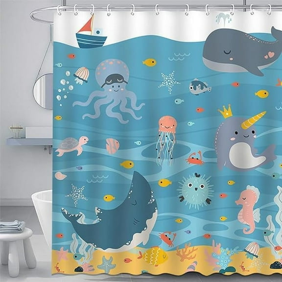 Fun Kids Whale Shower Curtain Turtle Fish Shower Curtain for Baby Girls Boys Blue Sea Ocean Animals Kids Bathroom Decor Waterproof Fabric Bath Curtain with 12 Hooks, 72 x 72 Inches