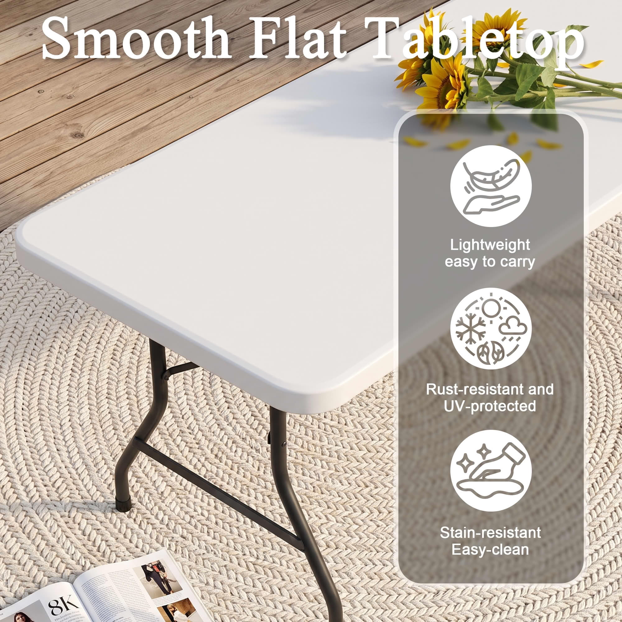 MAYEERTY 8FT White HDPE Non-Fold Top Folding Leg Table, Powder Coated Steel Frame UV Water Resistant Indoor Outdoor Table