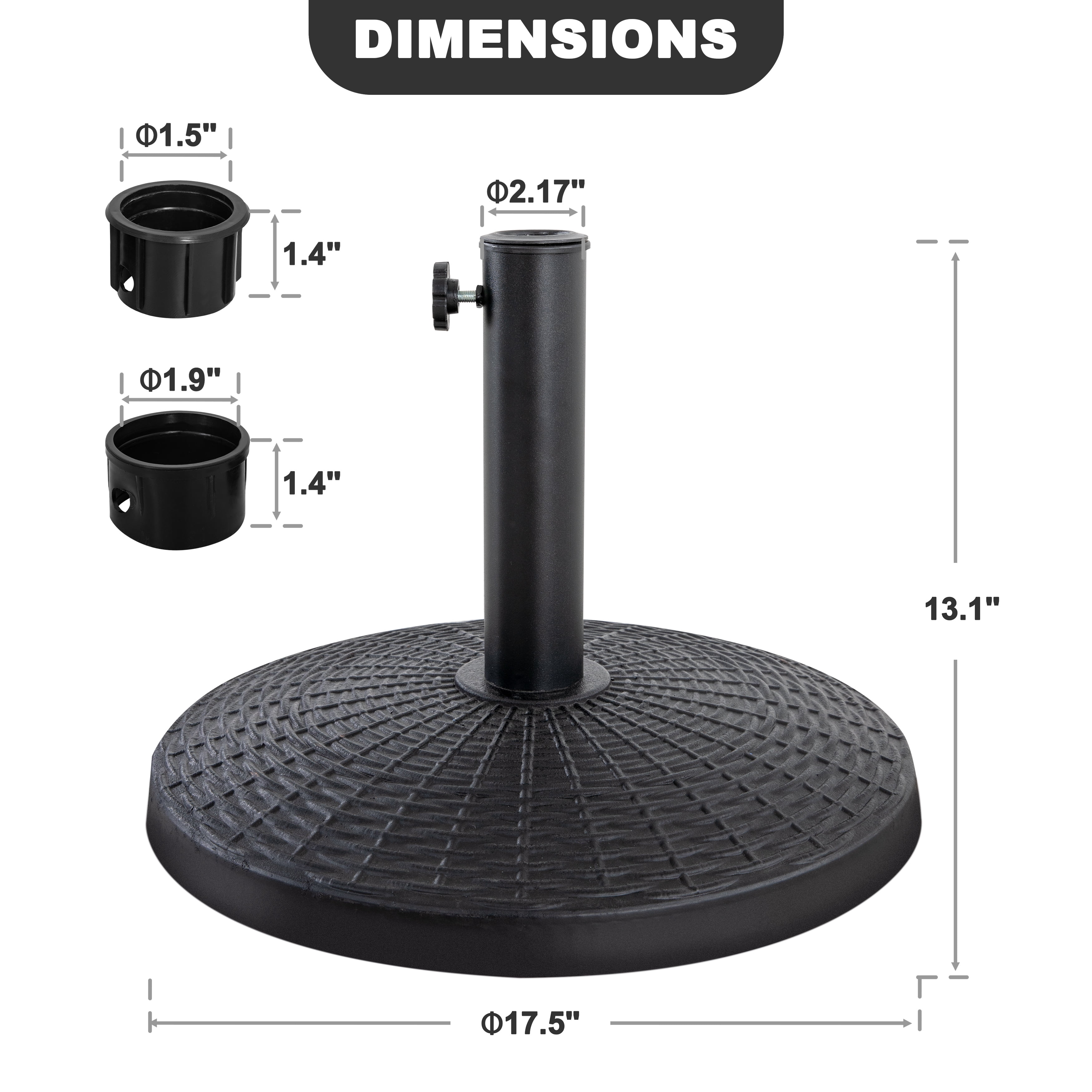 Nuu Garden Outdoor 22 lb, 18'' Round Patio Umbrella Base, Weighted Umbrella Stand with Hand-turn Knob, Weather-resistant Resin and Concrete, for Patio Umbrellas with Φ1.5''-1.9'' Poles, Black