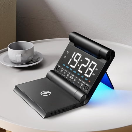 Foldable Wireless Charging Alarm Clock with Dual Alarms, 4-Level Brightness LED Digital Clock for Heavy Sleepers Teens Bedroom Travel,Build-in Battery