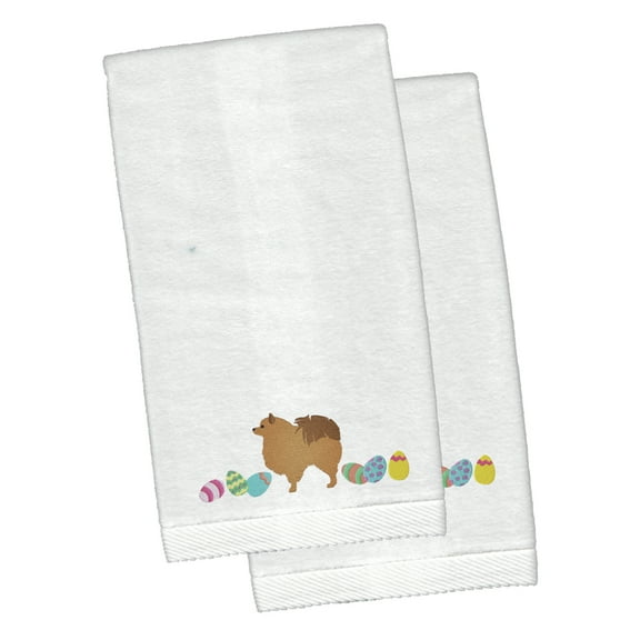 Pomeranian Easter White Embroidered Plush Hand Towel Set of 2