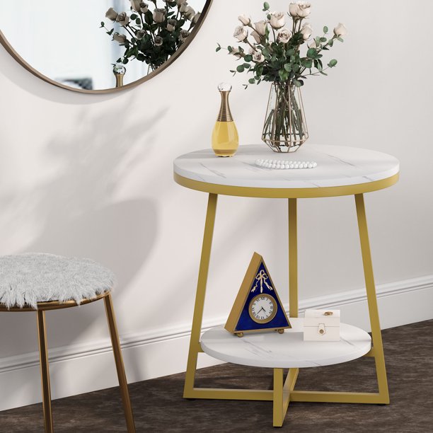 Modern Gold End Table, Round Marble Side Table Nightstand Bedside Table